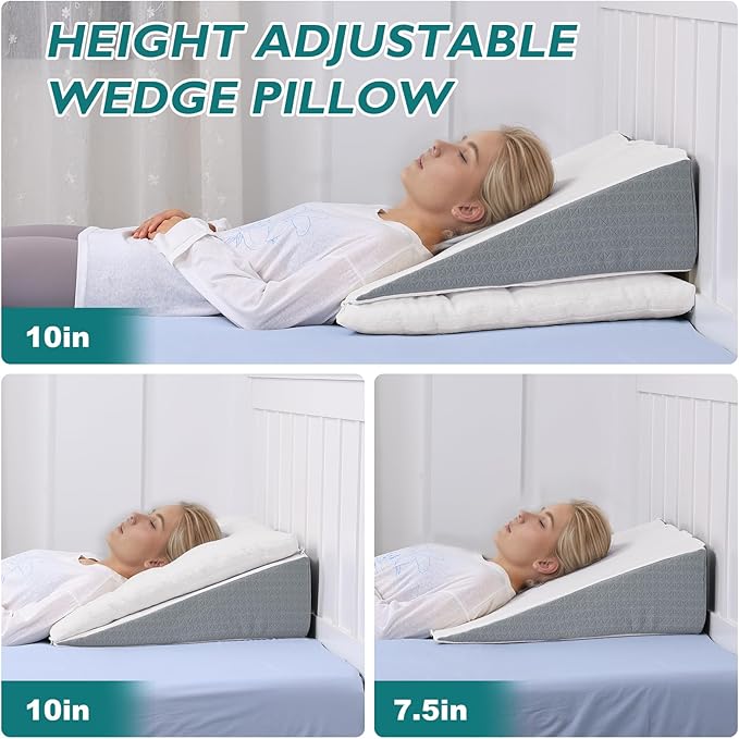 TANYOO Bed Wedge Pillow for Sleep Apnea 10 Inch Gerd Pillow Patent Dual Layer Triangle Pillow Adjustable Shredded Memory Foam Topper Soft Support Ideal for Acid Reflux, After Surgery, Snoring