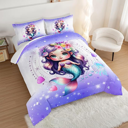 Cute Mermaid Pattern Twin Comforter Set,Star Jellyfish Ocean Themed Bedding Sets for Kids Toddlers Girls Boys Room Decor,Princess Bedding with 2 Pillowcases.
