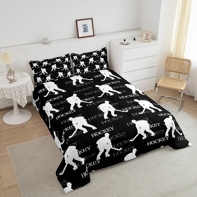Castle Fairy Ice Hockey Comforter Set,Black Hockey Player Bedding Set for Kids Girls Women,Adults Winter Sports Comforter,Hockey Sports Event Quilted Duvet Set Bedroom Collection Twin Size 2Pcs