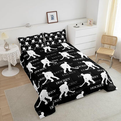 Hockey Sports Event King Size Comforter Set,Kids Black Hockey Player Decor All Season Bedding Set,Teens Sports Game Comforter,Hockey Lover Decor Quilt Set Bedroom Collection 3Pcs
