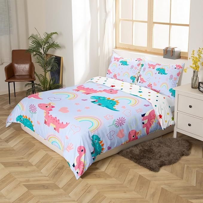 Kawaii Dino Duvet Cover Set Queen Size,Cute Rainbow Floral Love Heart Reversible Quilt Cover Set (NO Comforter),Blue Pink Dinosaur Lovely Animal Soft Comforter Cover for Dorm Room, Zipper