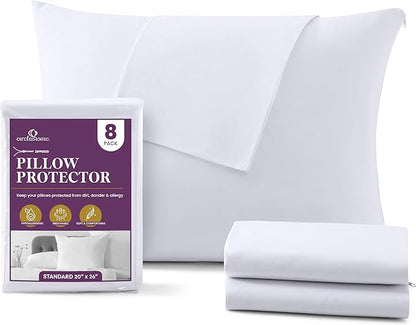 CirclesHome Pillow Protectors 8 Pack Standard Zippered - 100% Cotton Breathable Pillowcases - Protects Pillows from Dirt, Dust and Debris (Standard - Set of 8 - 20x26)