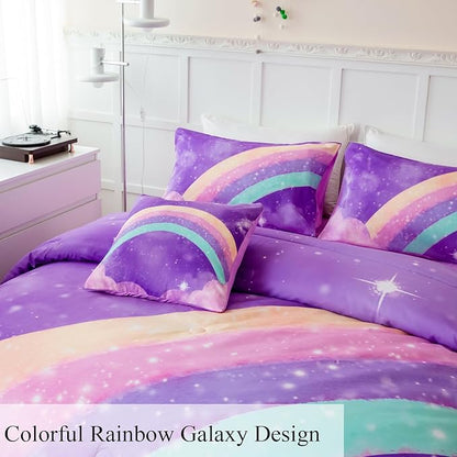 ANGIYUIN Deep Purple Rainbow Kids Comforter Set Twin 6 Pieces Gradient Glitter Bedding for Girls 3D Galaxy Nebula Bed Set with Sheets for All Season