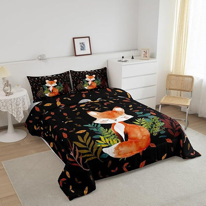 Castle Fairy Cute Fox Comforter Set Autumn Leaves Bedding Set for Kids Girls Women Adults Wild Animals Comforter White Moon Quilted Duvet Set Bedroom Collection Twin Pink 2Pcs