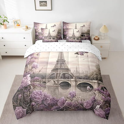 Feelyou Eiffel Tower Comforter Set with Sheets Twin Size Paris 7 Piece Bedding Set for Kids Boys Girls Teens Toddler Purple Flower and Butterfly Bed in a Bag Vintage Retro Bed Set