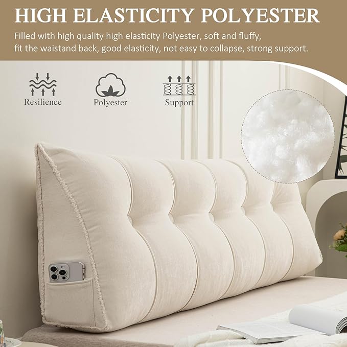 Headboard Pillow Twin, Chenille Triangular Wedge Pillow Headboard Twin Size, Reading Setting Backrest Daybed Pillows for Bed Sofa with Removable Coverr, Beige