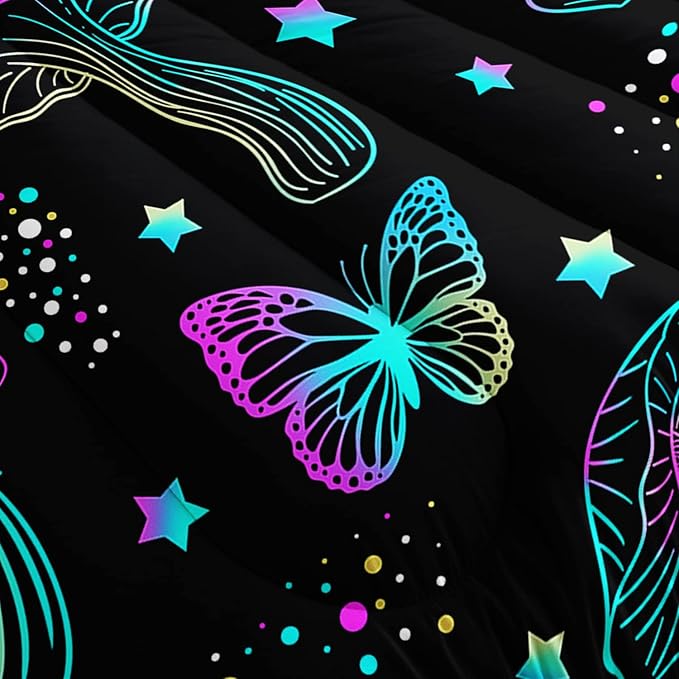 Colorful Mushroom Comforter Set Twin Size Kids Mushroom Butterfly Bedding Set Star Quilt Bed Set for Boys Girls Adults with 1 Comforter and 2 Pillowcases