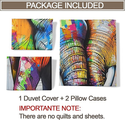 Elephant Duvet Cover Full Size, Elephant Cuddling Up Bedding Set 3 Piece Bedroom Decor Colorful Graffiti Art Comforter Cover with Zipper Ties & 2 Pillowcases