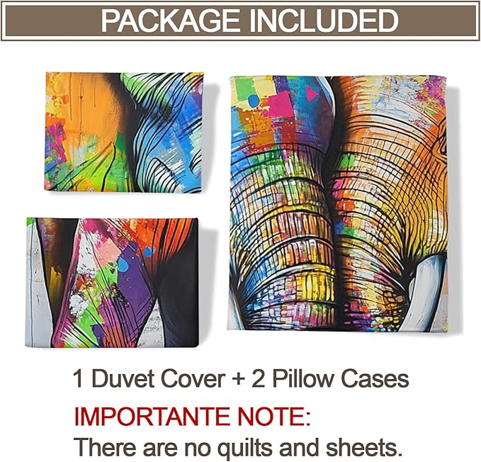 Elephant Duvet Cover Oversized King Elephant Cuddling Up Bedding Set 3 Piece Bedroom Decor Colorful Graffiti Art Comforter Cover with Zipper Ties & 2 Pillowcases