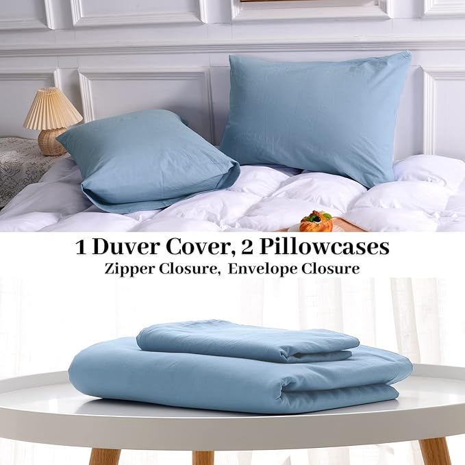 NEXHOME PRO Duvet Cover Set 100% Washed Cotton California Kingn 104"x98", Organic Natural Linen Look Textured 3 Pieces Bedding Set Blue with Zipper Closure & Corner Ties, Breathable (No Comforter)