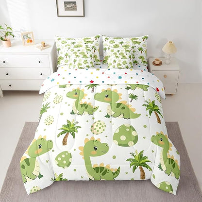 Feelyou Cute Dinosaur 7 Piece Bedding Set Cartoon Green Dinosaur Comforter Set with Sheets for Kids Boys Girls Animal Egg Bed in a Bag Coconut Tree Bed Set Soft Lightweight