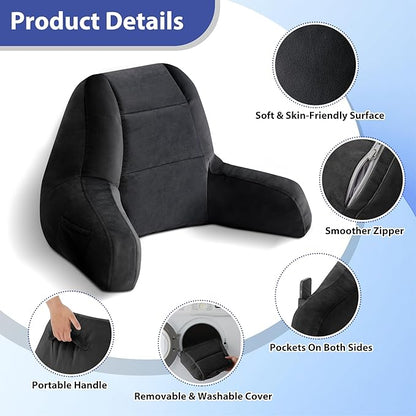 Reading Pillows for Sitting in Bed Adult, Back Pillow for Bed Sitting Up, Backrest Pillows with Shredded Foam for Adult&Teens, Support Pillow with Arms for Beds, Couch, Floor, 18in, Black