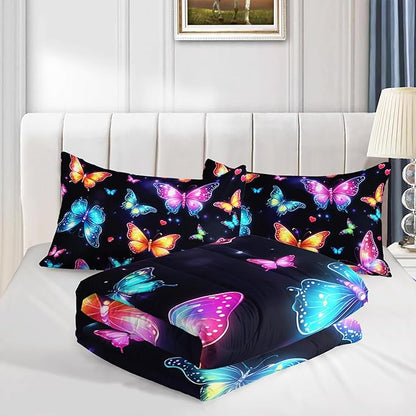 Colorful Gradient Butterfly Comforter 3Pcs Queen Tie-Dye Heart Pattern Bedding Set for Kid Teen Girl Boy Adult Sparkling Aesthetics Butterfly Quilt Bed Decor with 1 Comforter and 2 Pillowcases