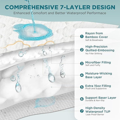 5-Sided Waterproof Mattress Protector, California King Size Quilted Bamboo Rayon Mattress Cover, Breathable Cooling Noiseless Bed Fitted Sheets, Soft Bedding Pad with Deep Pocket Up to 18"