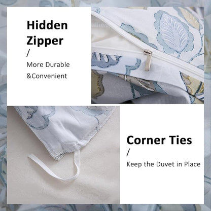 Blue Floral Duvet Cover King Size 100% Cotton Botanical Coquette Comforter Cover 3 Pieces Soft & Breathable French Style Duvet Cover with Zipper Closure