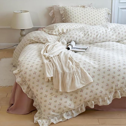 BuLuTu Cotton Muslin Kids Duvet Cover Set Twin Size, Shabby Chic Azalea Floral Comforter Cover with Ruffles, Kids Teens Girls Boys Bedding Set, Soft Lightweight Quilt Cover with 2 Pillowcases