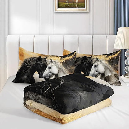 Black White Horses Comforter Set King Size,Golden Ink Painting Flora Bedding Set for Kids and Adults Bedroom Horse Decor,Wild Animal Theme Art Aesthetics Comforter Set with 2 Pillowcases.