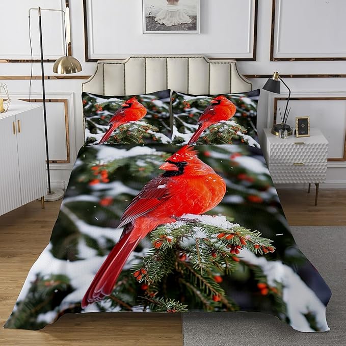 Erosebridal Cardinal Bedding Set Red Bird Bedspread Set for Kids Boys Teens, Pine Tree Coverlet Set Animal Snow Quilt Set Soft and Breathable Bedroom Decor Queen Size