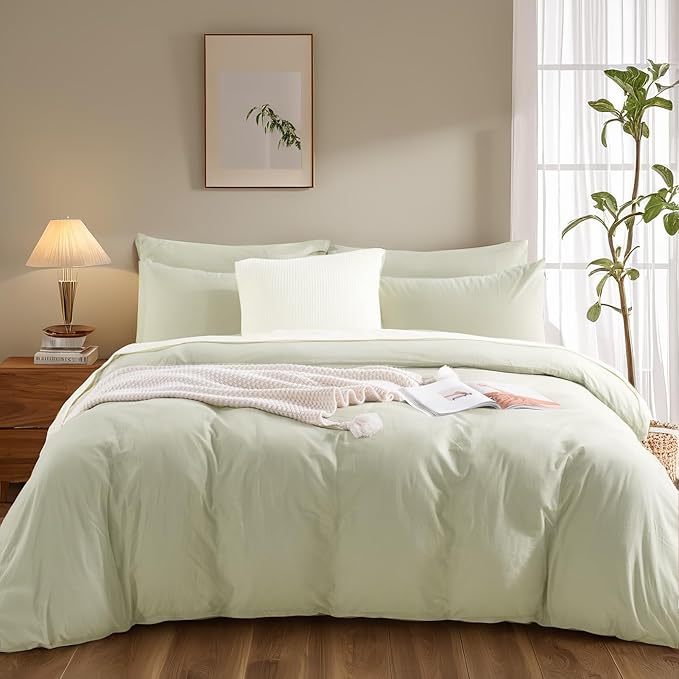 NEXHOME PRO Duvet Cover Set King Size Linen Feel Textured Organic Natural 100% Washed Cotton Duvet Cover 3 Pieces Bedding Set with Zipper Closure, Breathable, Soft, Mint Green (No Comforter)