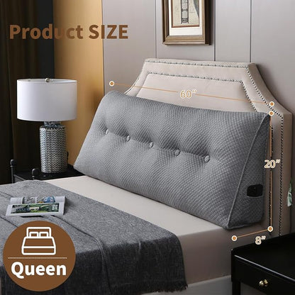 Wedge Headboard Pillow for Bed, Queen Dorm Headboard Pillow Support for Sitting Up, Reading, Relaxing, Bolster Pillow with Removable Washable Cover, Gray