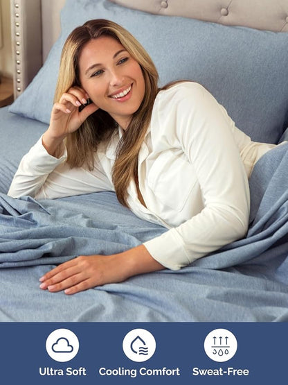 Extra Deep Twin XL Sheet Set - 4 Piece Breathable & Cooling Sheets - Hotel Luxury Bed Sheets Set - Easy Fit - Soft, Wrinkle Free & Comfy Sheets Set - Heathered Blue Sheet Set with Extra Deep Pockets