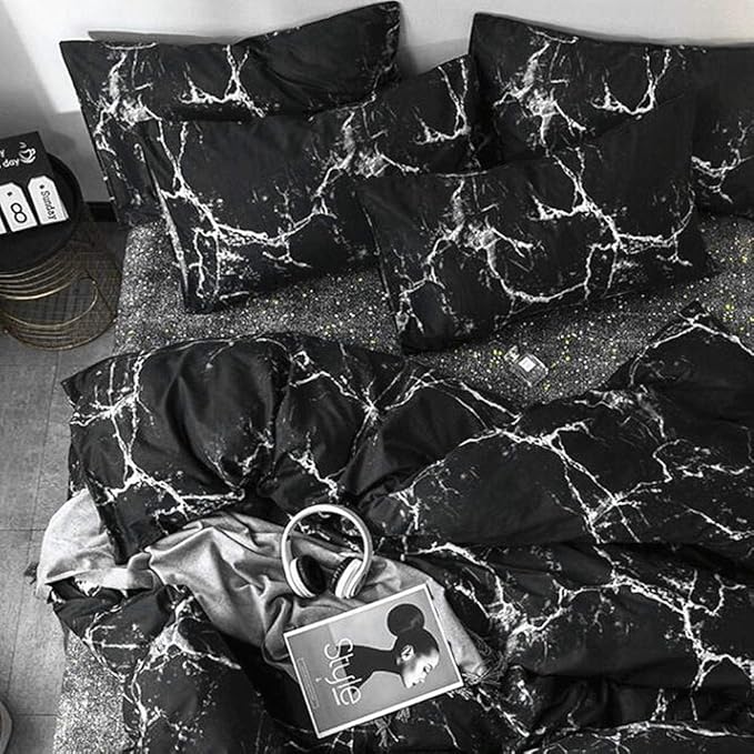 Wellboo Black Marble Comforter Set King Size White Texture Bedding Comforters Women Men Black and White Marble Quilts Cotton Adults Modern Black Abstract Streaks Bed Organic Luxury Gothic Chic Blanket