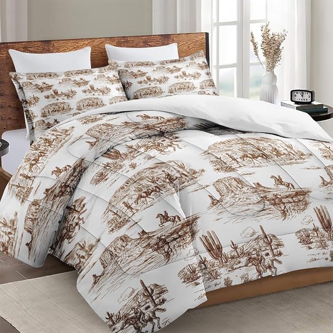 Queen Size Comforter Set with 2 Pillowcase, American Desert Cowboy Soft 3 Pcs Bedding for Kids and Adults, Western Country Vintage Comforter Set for Room Bedroom Bed Decor