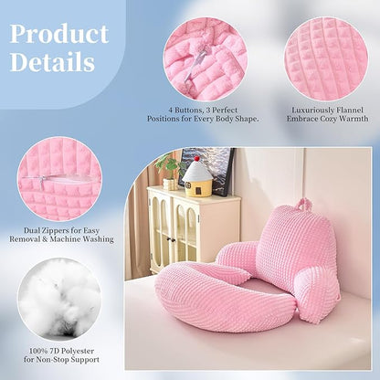 Reading Pillow for Bed,U Shaped & Back Support Pillow for Bed,17" Backrest with Lumbar & Arm Support,Comfy Flannel Fabric,Lap Pillow for Gaming/Reading/Watching TV,Pink