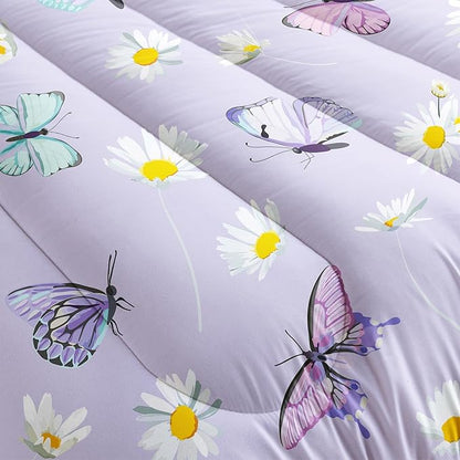 QOOMO Butterfly Comforter Set for Kids Teens Girls Women,Daisy Kids Comforter,1 Comforter with 2 Pillowcase, Microfiber 3 Piece Bedding Set,for All Seasons，King Size