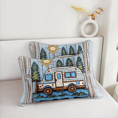 Camping Travel Trailer Bedding Twin Quilts for Bed,Retro Bedding for Kids Boys Girls Happy Camper Decor,Outdoor Camping Themed Quilt Sets with 2 Pillowcases.