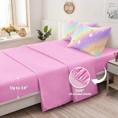 5 Pcs Full Bedding Sets for Girls, Pink Glitter Rainbow Bed in A Bag Full Size Bed Set, Stars Galaxy Bedding Comforter Set for Girls
