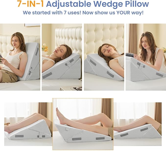 Sasttie Wedge Pillow for After Surgery, Adjustable Bed Wedge Pillow Headboard for Acid Reflux, Sleeping, Neck & Back Support, with Removable Cover, Light Grey & White