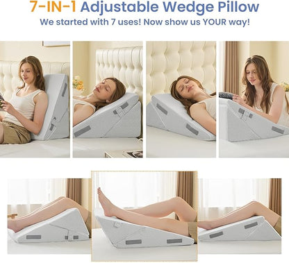 Sasttie Wedge Pillow for After Surgery, Adjustable Bed Wedge Pillow Headboard for Acid Reflux, Sleeping, Neck & Back Support, with Removable Cover, Light Grey & White