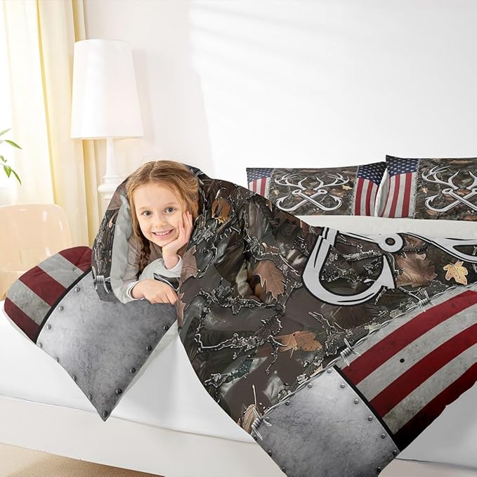 Deer Antler Fishing Comforter Set Twin Size,Boys Vintage American Flag Bedding Set for Kids Teens Men Room Decor Brown Jungle Branches Camo Quilted Duvet Adventure Hunting Duvet Insert 2pcs