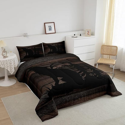 Feelyou Cute Wolf Comforter Set for Girls Kids Wolves Howling Bedding Set Room DecorAnimal Wolves Tree Wood Grain Bedding Set Brown Black Duvet Set 3Pcs with 2 Pillow Case King Size Boys
