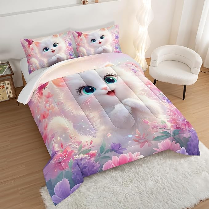Kids Comforter Set King Size,Pink Cats Bedding Set for Girls Kawaii Room Decor,Colorful Flowers Rainbow Bed Set,Cute Pet Animal Themed Bedding with 2 Pillowcases.