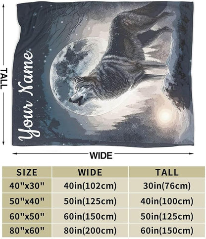 Custom Howling Wolf Blanket with Name for Boys Girls, Personalized Cool Wolf Themed Design Printed Throw Blankets for Kids Lap, Chair, Giftable Blanket, 30"x 40"