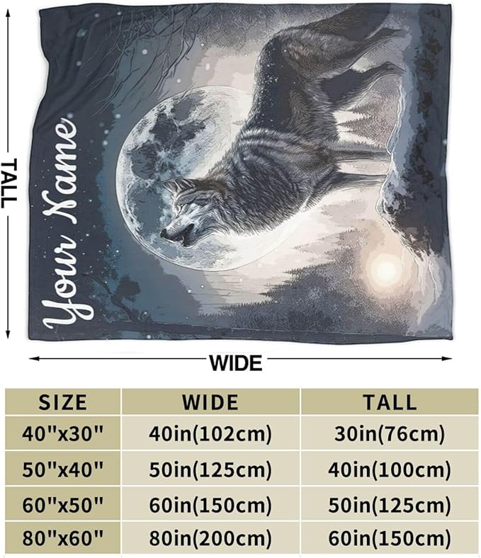 Custom Howling Wolf Blanket with Name for Women Men, Personalized Cool Wolf Themed Design Printed Throw Blankets for Teens Adults Lap, Chair Sofa, Giftable Blanket, 50"x 60"