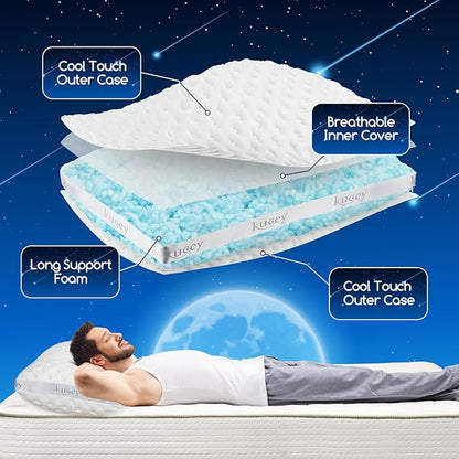 Luxury Cooling Side Sleeper Pillow for Neck and Shoulder Pain, Medium Firm Bed Pillows Queen Size Set of 2 Luxury Shredded Memory Foam for Sleeping Adjustable Washable Cover Crescent White