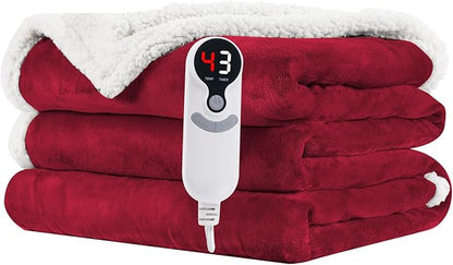 LUXIAN Electric Heated Blanket Twin Size 62"x84" - Microplush & Sherpa Fabric Dual-Sided, 6 Heat Settings & 1-10 Hours Auto Off, Cozy Warming Throw for Home, Office, or Bed, Machine Washable，Wine Red