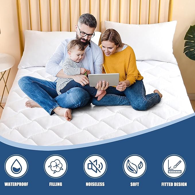 Cal King Size Quilted Fitted Mattress Pad, Waterproof Breathable Cooling Mattress Protector, Stretches up to 21 Inches Deep Pocket Hollow Cotton Alternative Filling Noiseless Mattress Cover