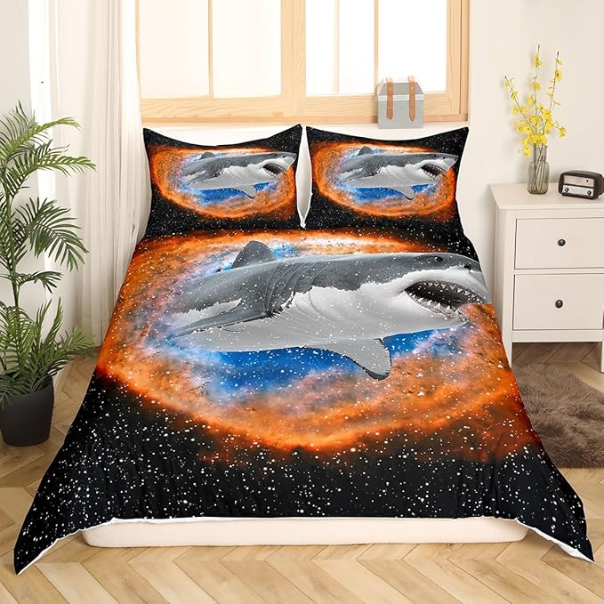 3D Shark Queen Duvet Cover,Starry Galaxy Nebula Comforter Cover 3pcs,Fierce Sea Creature with Sharp Teeth Bedding Set,Mystery Universe,No Comforter