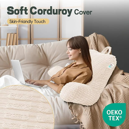 21" Higher Large Reading Pillow for Bed Adult, Back Pillow for Bed Sitting Up with Memory Foam Back Support with Arms Rest for Couch Chair Beige