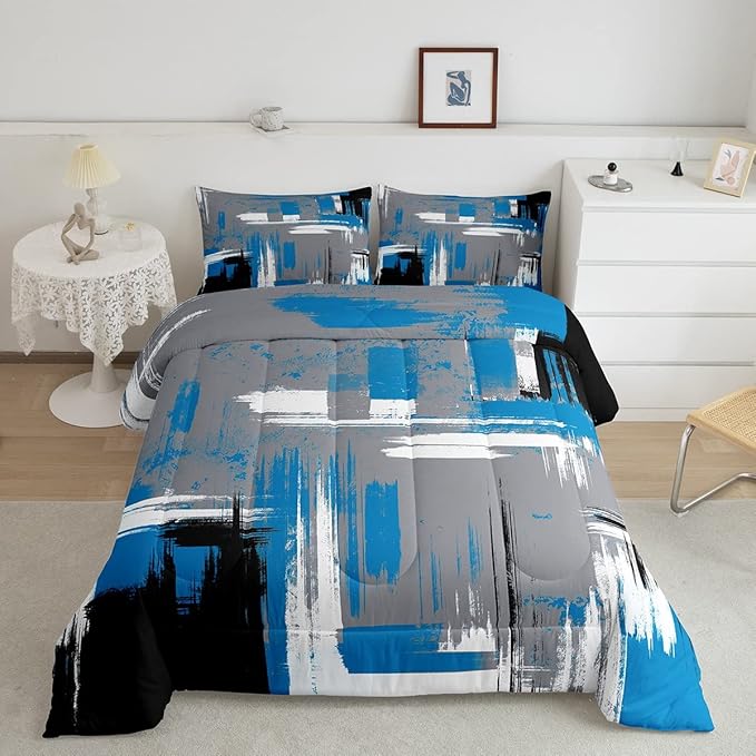 Feelyou Abstract Bedding Set Kids Modern Abstract Art Comforter Set Blue Grey Black Comforter for Boys Room Decor Lightweight Retro Duvet Set Toddler Size with 1 Pillow Case