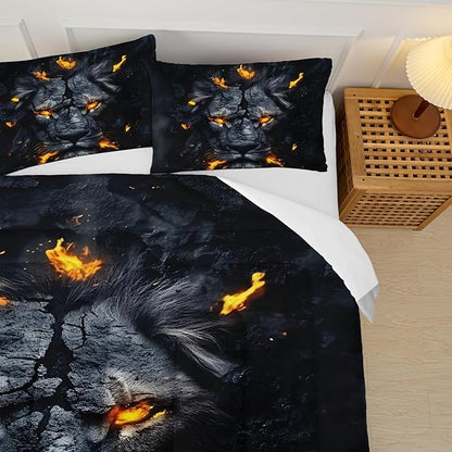 Black & Gold Full Comforter Set Lion，Lion Full Size Bedding Set，with 1 Comforter with 2 Pillow Case，Animal Bedroom Decor for Boys Kids Man