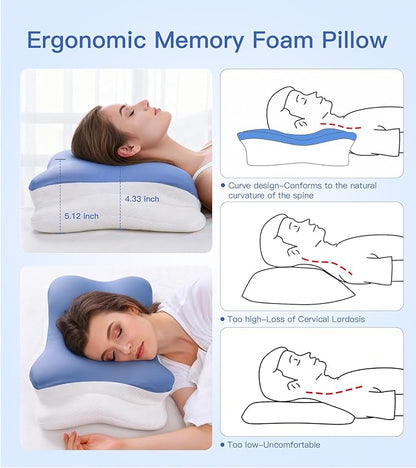 Neck Support Pillow Effectively Relieves Shoulder and Neck Pain, Ergonomic Memory Foam Pillow with Washable Ice Silk Cover, Breathable cervical Pillow for Back, Side, and Stomach Sleepers (Blue White)