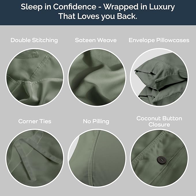 Olive + Crate Tencel Eucalyptus Cooling Duvet Cover Set - Hypoallergenic, Lyocell Tencel Duvet Cover - Soft, Temperature Regulating with Hidden Button Closure & Corner Ties - Twin XL [Moss]