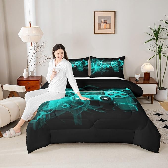 Feelyou Kids Gamer Comforter Set Queen Size Teens Gamepad Bedroom Decor for Boys Girls Video Game Controller Bedding Set Youth Gaming Console Comforter Blue Black with 2 Pillow Case