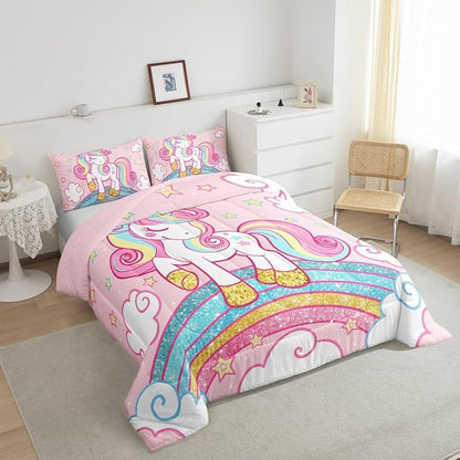 Feelyou Unicorn Bedding Toddler,Star Print Rainbow Kids Comforter Sets for Girls Comforter Set,Cute Animal Bedding Cute Unicorn Duvet Quilt,Rainbow Bedroom Decor