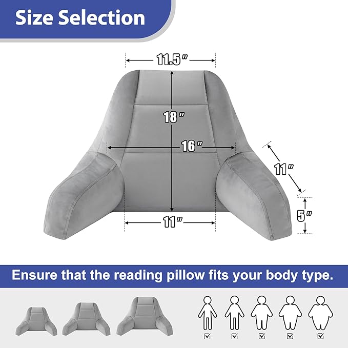 Reading Pillows for Sitting in Bed Adult, Back Pillow for Bed Sitting Up, Backrest Pillows with Shredded Foam for Adult&Teens, Support Pillow with Arms for Beds, Couch, Floor, 18in, Grey